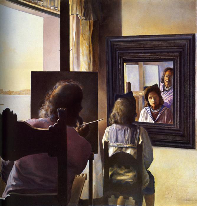 Сальвадор Дали (Salvador Dali). Дали, повернувшись спиною, пишет портрет Галы, повернувшейся спиною и увековеченной шестью виртуальными роговищами, временно отраженными в шести зеркалах